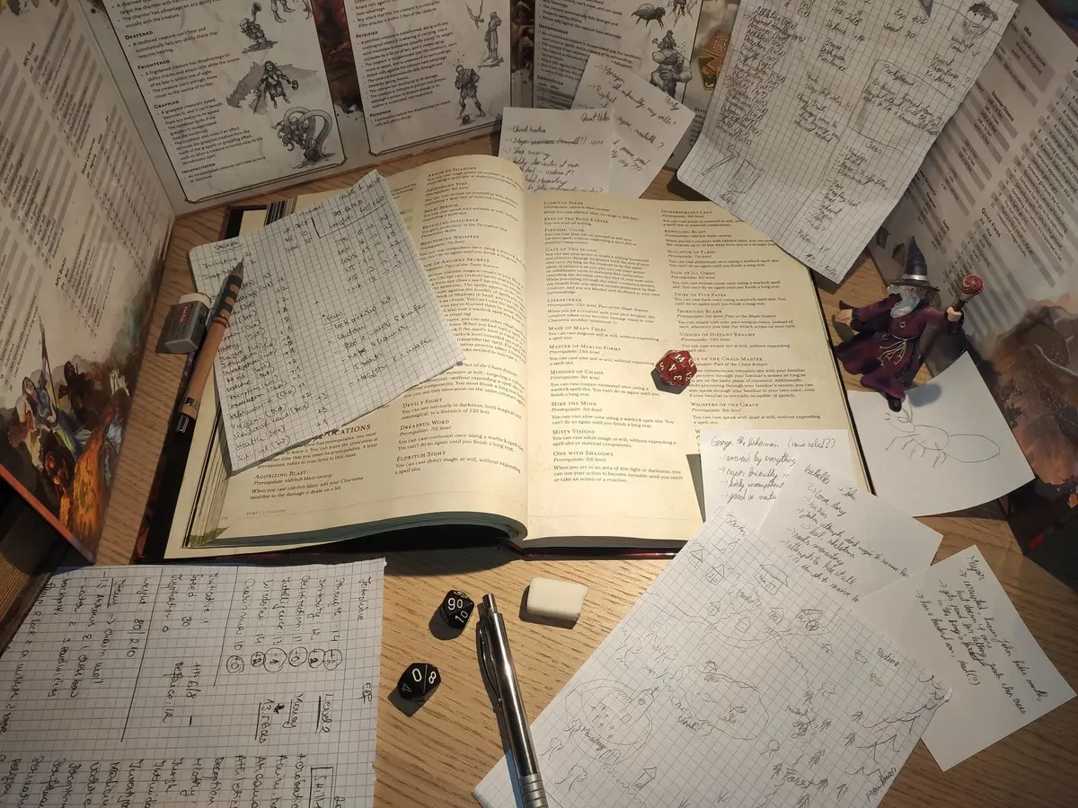 Many hand-written notes, pencils, erasers, dice, and rulebooks