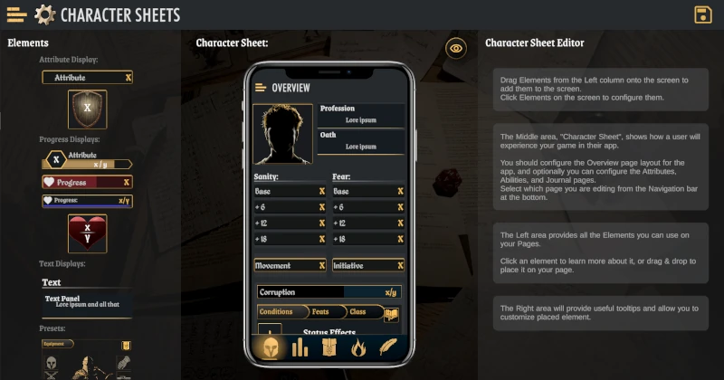 App screenshot for customizing your own TTRPG mobile app